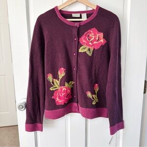 Fieldgear Floral Rose Intarsia Wool Angora Cardigan Sweater Size L Petite